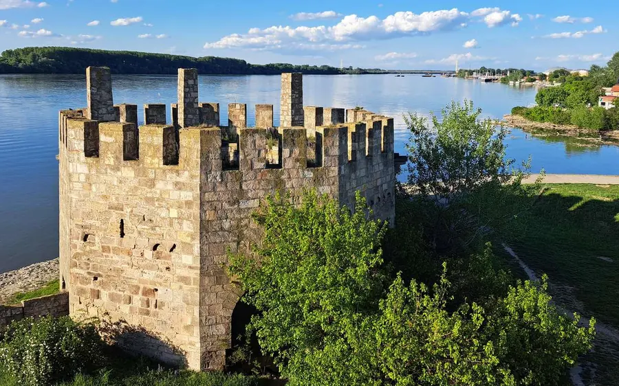 Une tour de pierre carrée à créneaux parmi les arbres sur la rive du large fleuve
